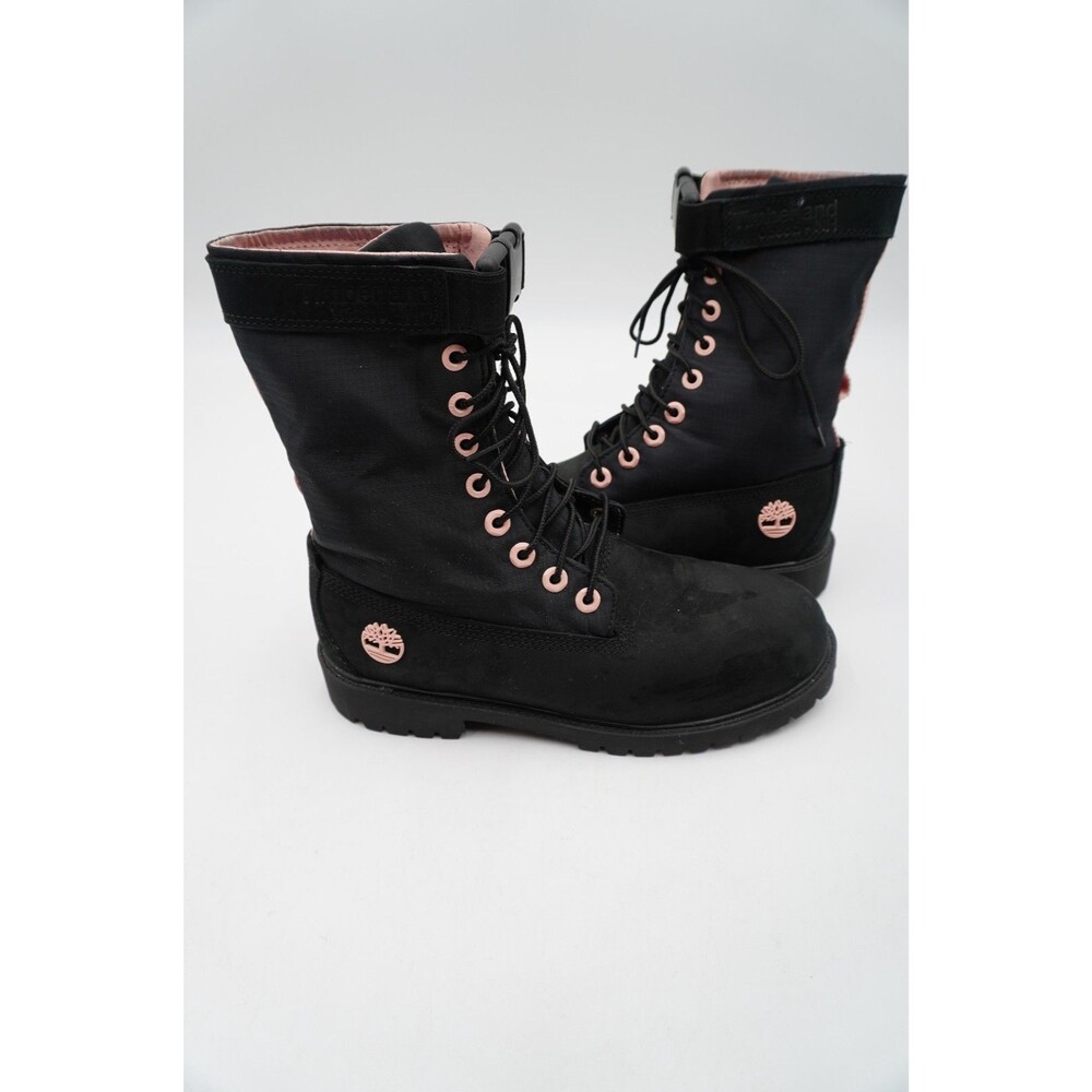 Timberland Black Suede Nylon Mid-Calf Boots Pink Eyelets Buckle Ankle Strap Sz 7